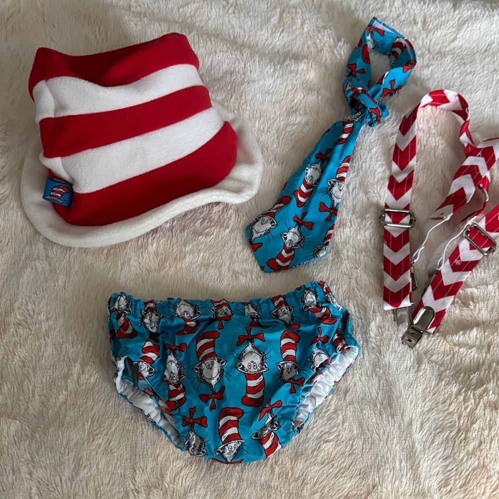 Dr. Seuss Red and White Striped Hat with Blue Accessories